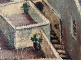 an oil painting of a staircase leading to a building with a potted plant on the steps