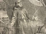 illustration of a man in a monk ' s robes sitting on a rock with a bird in the background