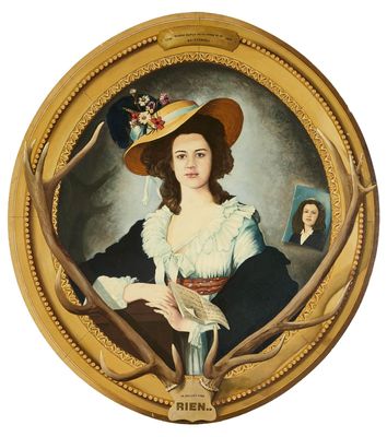 tableau représentant une femme coiffée d'un chapeau et vêtue d'une robe, tenant un verre de vin
