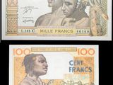 quatre billets de banque différents portant l'image d'un homme et d'une femme