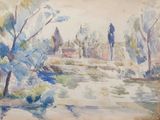 une aquarelle représentant une rivière avec des arbres au premier plan