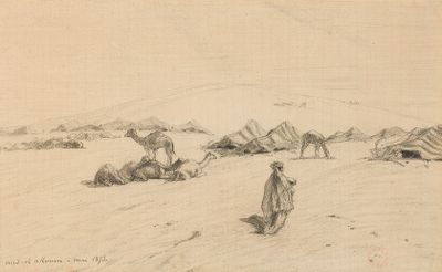 drawing of a man standing in a desert with camels and tents in the background