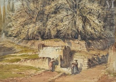an image of a painting of a group of people outside of a hut