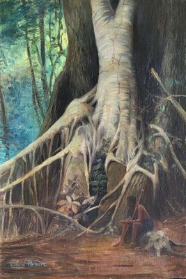 une peinture à l'huile représentant un grand arbre au milieu d'une forêt