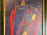 painting of a woman in a red turban holding a knife