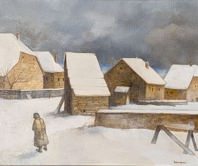 a painting of a woman walking in the snow