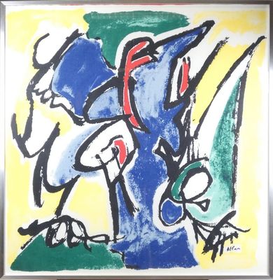 peinture abstraite représentant un groupe de personnes en bleu, vert, jaune et rouge