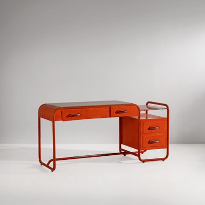 un bureau orange à deux tiroirs avec une structure en métal