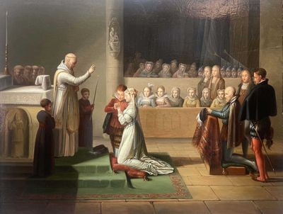 une image représentant un tableau où l'on voit un groupe de personnes debout autour d'un prêtre