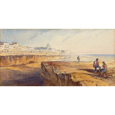 un tableau représentant deux personnes assises au bord d'une falaise au bord de l'océan