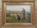 an oil painting of a man and a dog in a field with sheep