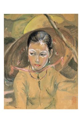 painting of a woman with a straw hat holding an umbrella