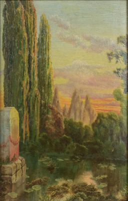 un tableau représentant un paysage avec des arbres, des rochers et de l'eau