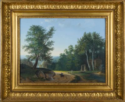 an image of a painting of a man and a dog on a dirt road