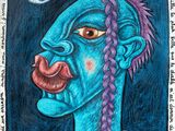 a drawing of a blue man with purple hair and a moon in the background