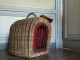 un panier en osier posé par terre devant une porte