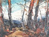 une peinture à l'huile représentant un sentier dans les bois, bordé d'arbres
