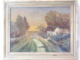 une peinture à l'huile représentant une route de campagne avec une maison au loin