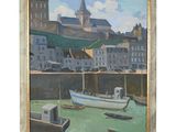 an oil painting of boats in a harbor with buildings in the background