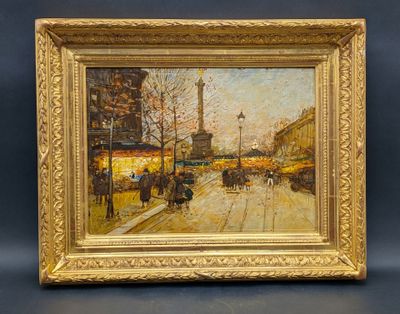 une peinture à l'huile d'une scène de rue avec une voiture à cheval