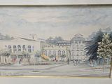aquarelle encadrée représentant une scène de rue avec des bâtiments et des arbres