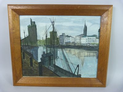 a picture of a painting of a city by the water