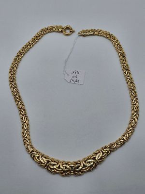 a gold chain necklace with a clasp on a white background