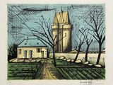 une image représentant un dessin d'une maison et d'arbres dans un champ