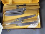 five knives in a case on a table next to a flower