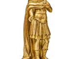 statue en or représentant un homme coiffé d'un chapeau et vêtu d'une cape, posée sur un socle en marbre