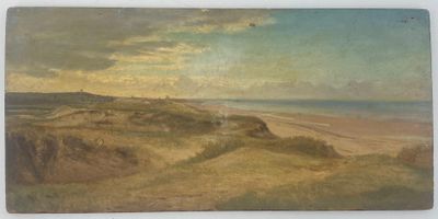 une image représentant un tableau représentant une vue d'une plage depuis une colline
