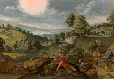 tableau représentant un village avec un homme assis sur une bûche