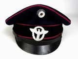 a black hat with a white and red emblem on it
