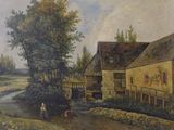 a painting of a farm scene with a man and a horse
