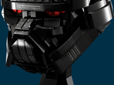 a lego star wars death trooper head on a stand