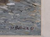 a painting on the wall of a building with a boat in the water