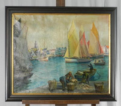 un tableau posé sur un chevalet représentant des bateaux sur l'eau