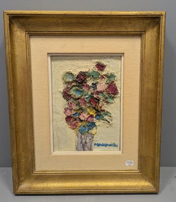 une image d'une peinture de fleurs dans un vase sur une table