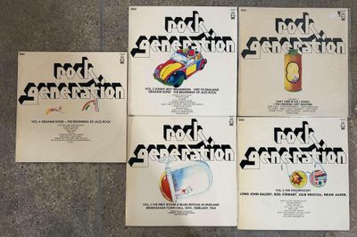 four posters of rock generation on the floor of a building