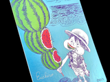 a drawing of a girl holding a watermelon and a piece of watermelon