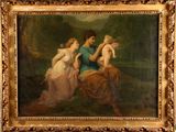 an oil painting of a man and two women sitting on a horse
