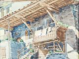 une aquarelle représentant une maison dans la rue