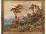 un tableau représentant un paysage avec des arbres et un plan d'eau