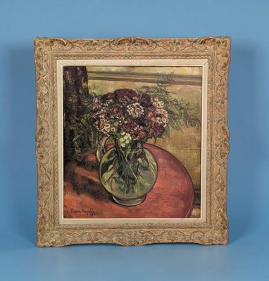 une peinture de fleurs dans un vase sur une table