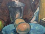 a painting of a blue plate with apples and a teapot on it