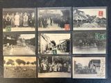 several old black and white photographs of people in a village