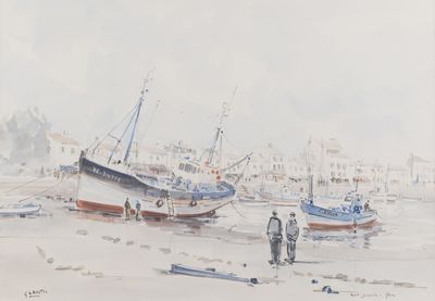 a painting of a couple of boats on the beach