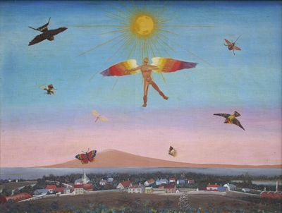 a painting of a man that is flying in the sky