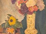 a painting of flowers in a vase on a table