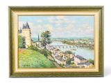 une peinture à l'huile représentant une vue d'une ville et d'une rivière